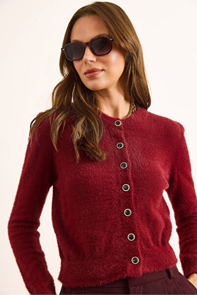 Olalook Women's Burgundy Crew Neck Button Detailed Basic Beard Cardigan Hrk-19000368