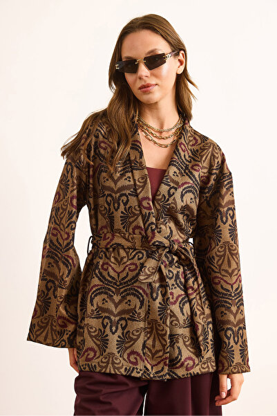 Olalook Women's Camel Belted Ethnic Pattern Wool Effect Jacket Ckt-19000459