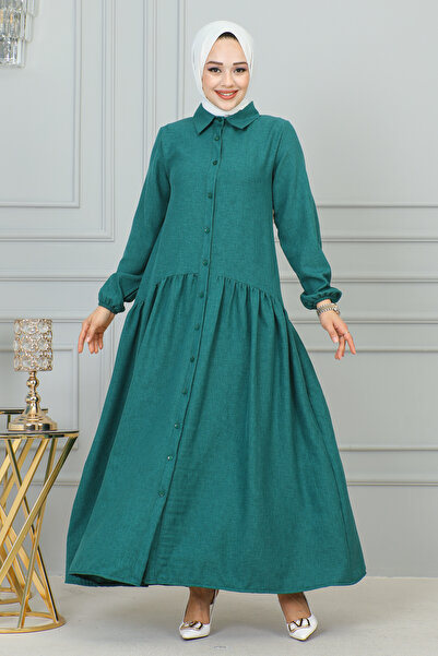 Neva Sofya Keten Düğmeli Kloş Elbise-2328 Zümrüt