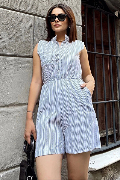 STİLVİA Navy Blue Sleeveless, Buttoned High Collar, Elastic Waist, Pocket, Sh...