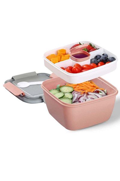 COOYA Portable Salad Lunch Box,38oz Salad Bowl,2 Compartments with Dressing Cups,Pink