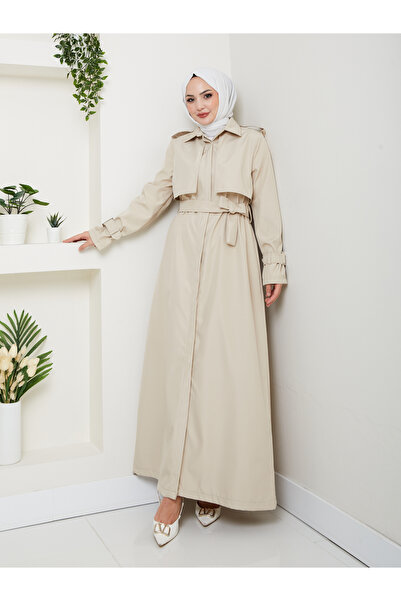 EFSUN MODA UZUN TRENCH 140 CM BOYUNDA TRENÇKOT BEJ