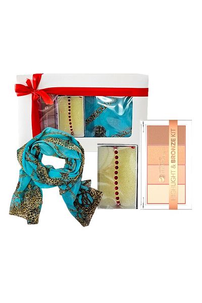 HIRIS SET Lunaria scarf set, Illuminator & Bronzer palette, red bracelet
