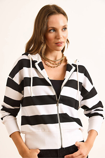 Olalook Hanorac crop cu glugă albă pentru femei, cu dungi groase, cu fermoar SWT-19000722