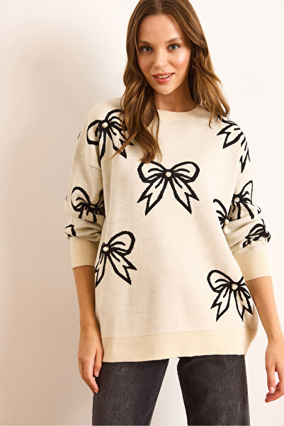Olalook Women's Ecru Bow Detailed Oversize Knitwear Sweater Kzk-19000971