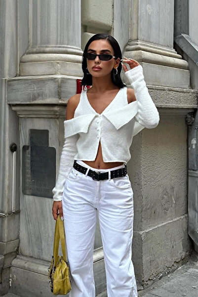 STİLVİA Women's Ecru Double Breasted Knitwear Long Sleeve Cardigan