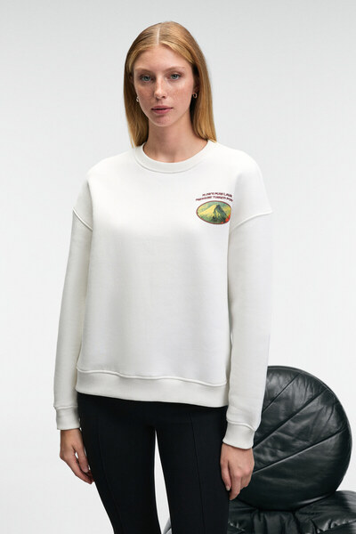 GRIMELANGE Vistara Women's Embroidery Detailed Round Neck Regular Fit White Sweatshirt