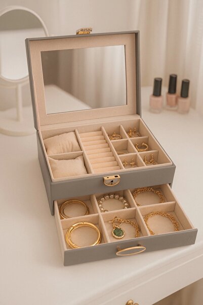 Evistro Dışı Deri İçi Kadife Kilitli Çekmeceli Takı Bijuteri Mücevher Kutusu ...