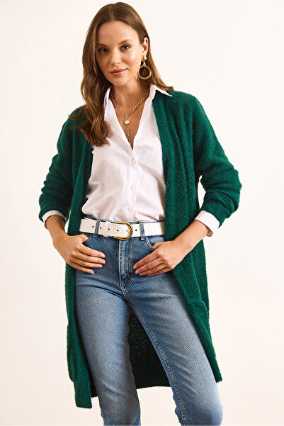 Olalook Women's Emerald Green Pocket Soft Textured Beard Cardigan Hrk-19000320