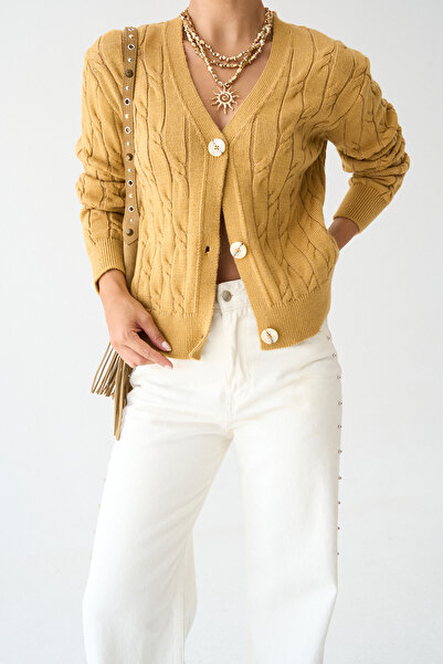 LOOSH Kadın Dore V Yaka Kalın Örgü Desenli Triko Hırka