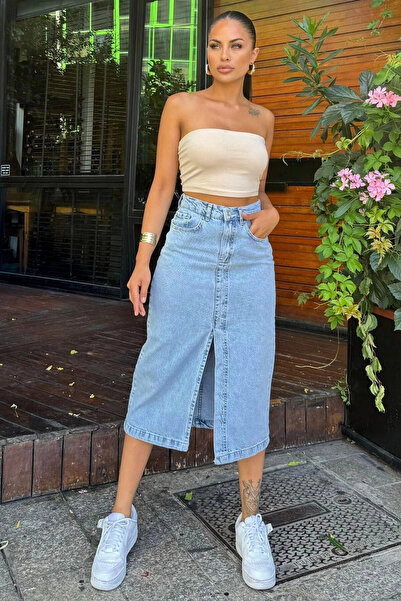 STİLVİA Light Blue Pocket Slit Long Denim Skirt