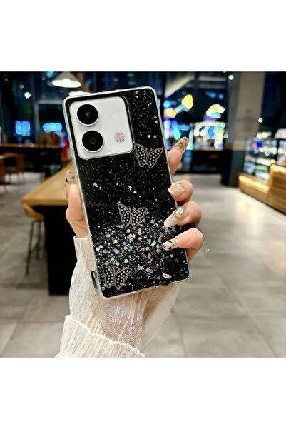 Rivor Vivo Y36 Uyumlu Kılıf Kamera Çıkıntılı Simli Kelebek Kabartmalı Desenli...