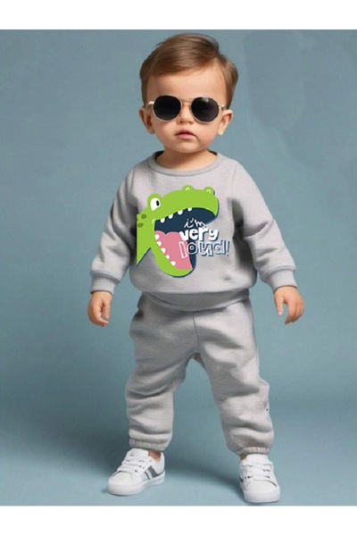 bebekpare Boy's Bottom Top Set Dinosaur Gray (Non-Shardon Fabric) 100% Cotton