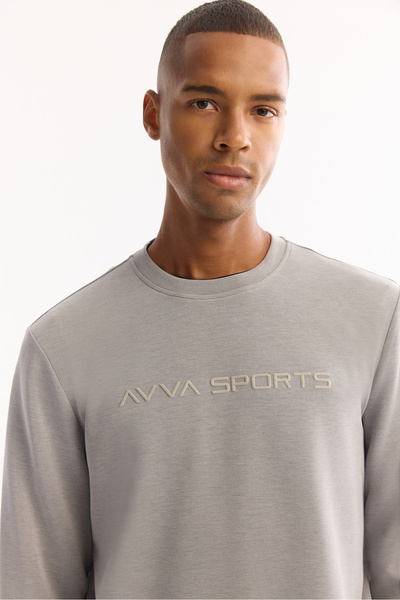 Avva Men's Gray Crew Neck Flock Printed Cupra Sweatshirt A52Y1334