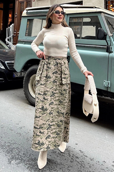 STİLVİA تنورة كاكي نسائية بخصر مطاطي، جيب كارجو، مريحة، طويلة من الجبردين