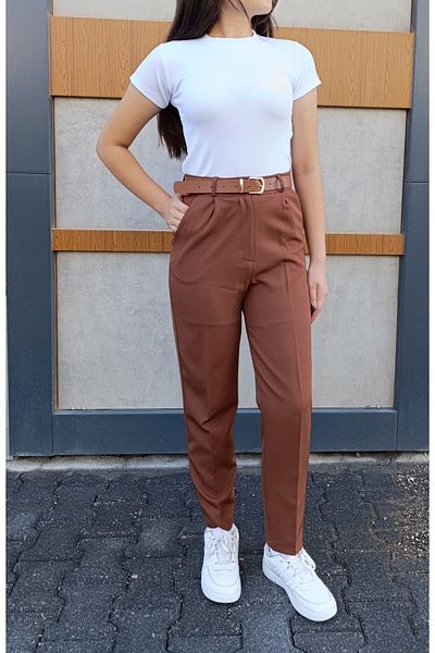 siyalife Women's Narrow Leg Leather Belt Detailed Pleated Crepe Fabric Brown Trousers