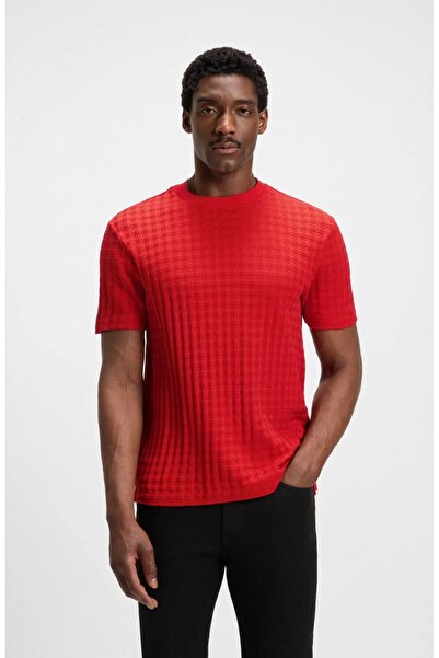 BOSS Men's Regular Fit Round Neck Square Pattern Soft Cotton Short Sleeve Red T-Shirt 50545585-