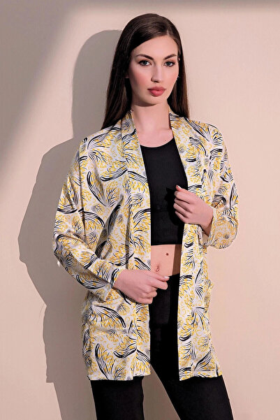 STİLVİA سترة كيمونو فضفاضة بنمط سفاري أصفر للسيدات، جيوب مزدوجة من الساتان، م...