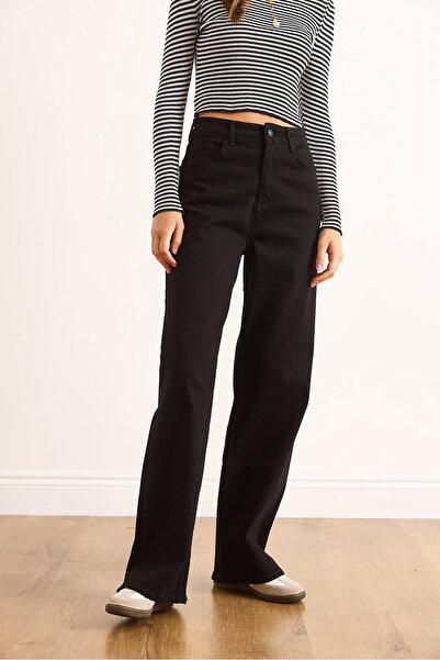 Olalook Blugi negri de damă cu talie înaltă și picioare largi din lycra JEA-19000121