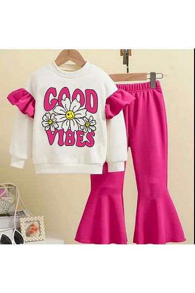 bebekpare Girl's Top and Bottom Set Fuchsiagood Vibes Printed (Not Shardon Fabric)100% Cotton