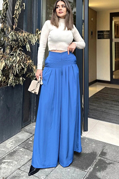 STİLVİA Închidere cu fermoar indigo, buzunar, pantaloni cu fustă lată plisată