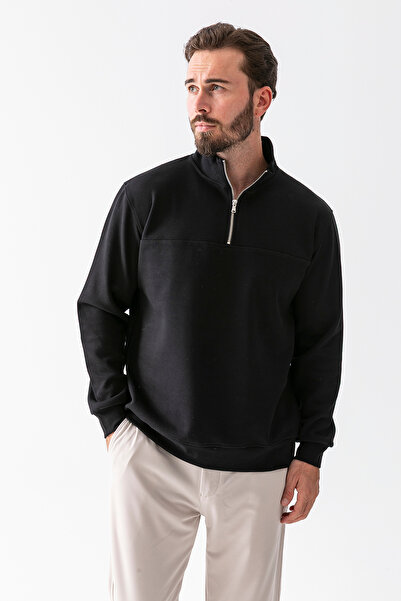 JB John Borners Ανδρικό φούτερ με όρθιο γιακά με μισό φερμουάρ μαύρο - 25K 1061