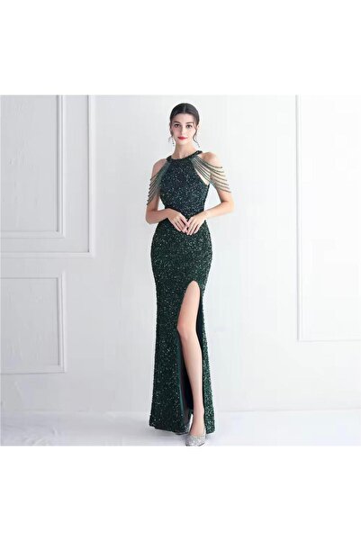 MODAS HALTER YAKA KOL BONCUKLU YIRTMAÇLI PUL PAYET ABİYE ELBİSE
