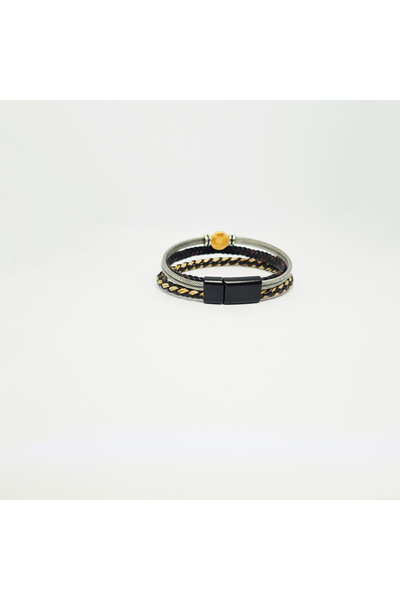 EleganTrend Gold Black Ivy Peace Charm Model Men's Bracelet with Steel Details