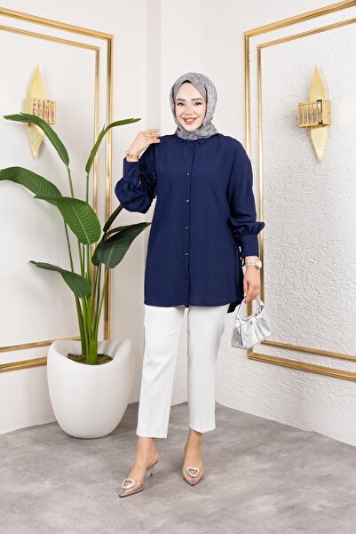 Moda Ebva Kolları Bağcık Detaylı Tesettür Tunik-5218 Lacivert