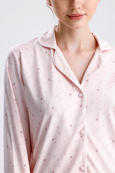 Espuar Kadın Kalp Desenli Önden Düğmeli Uzun Kollu Pijama Takımı