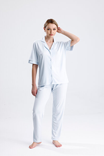 Espuar Classic Women's Shirt Collar Short Sleeve Buttoned Combed Cotton Pajam...