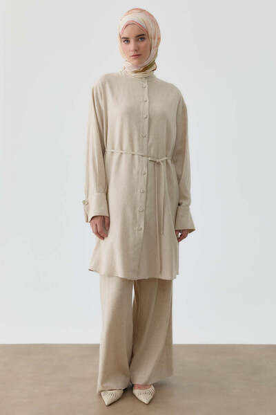 Tuğba Pileli Keten Pantolon - Bej