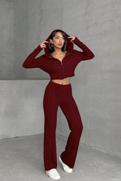 Lusin Women's Hooded Zippered Crop Cardigan Pants Bottom Top Knitwear Set - Claret Red S/M