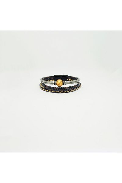 EleganTrend Gold Black Ivy Peace Charm Model Men's Bracelet with Steel Details
