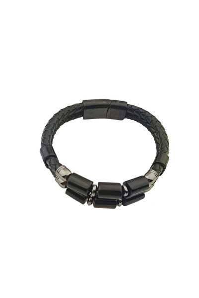 PİGADO 316L Stainless Steel Natural Stone Leather Men's Bracelet