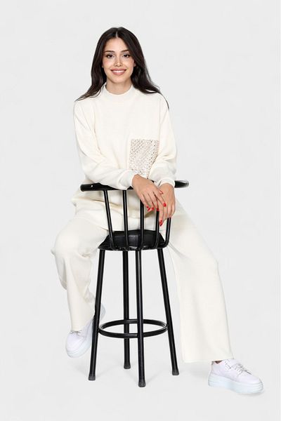 NEWCO Women's Knitwear Set Side Slit Detailed Long Top and Comfortable Cut Pants Double Combination