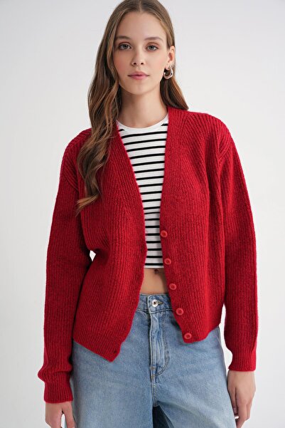 Mixray 6943 Women's V-Neck Thessaloniki Cardigan Red