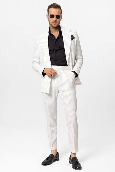 Antioch White Single Button Double Breasted Closure Striped Men's Blazer Jacket