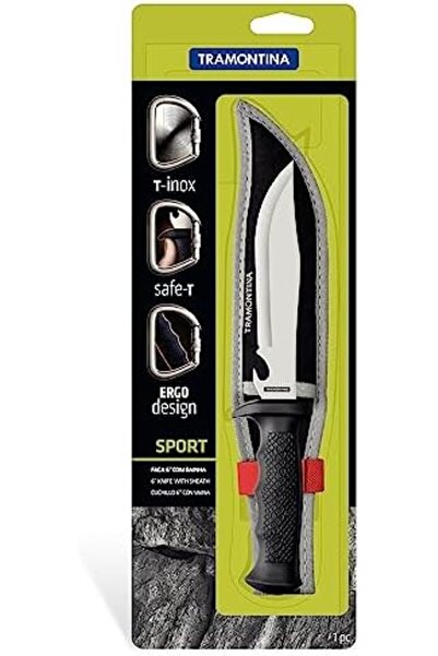 TRAMONTINA Standard Camping Knife Sports 16 cm with Stainless Steel Blade, Black Polypropylene Handle, and Nylo