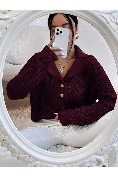 Gülçin Coşkun Buttoned Jacket Collar Comfortable Fit Women's Knitwear Sweater