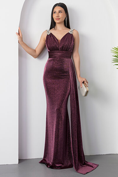 PULLIMM Shoulder Stone Detail Silvery Evening Dress 39844