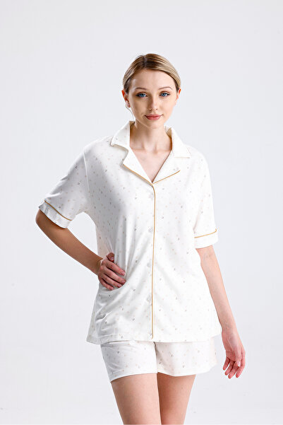 Espuar Women's Heart Patterned Front Button Shorts Set