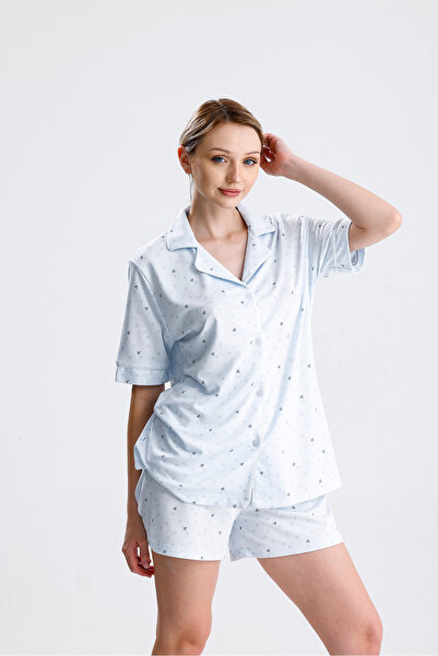 Espuar Women's Heart Patterned Front Button Shorts Set