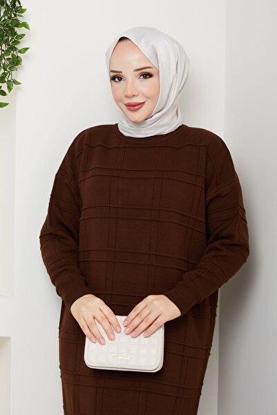 Pamuk Butik Women's Block Patterned Crew Neck Knitwear Dress