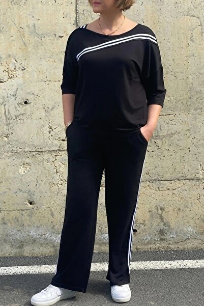 Mia Butik Large Size Black One Shoulder Low-Cut Sweatshirt Suit