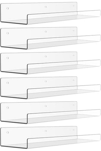 Slasa Wall-Mounted Acrylic Shelves, 15 Inch Set of 6 - Stylish Rectangular Organizer for Bedroom, Bathroom