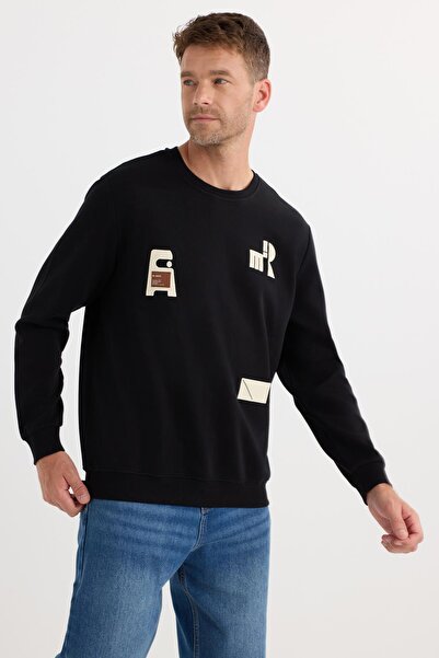 Tudors Erkek Relax Fit Rahat Kesim Pamuklu Lastikli Kol Bisiklet Yaka Baskılı Siyah Sweatshirt
