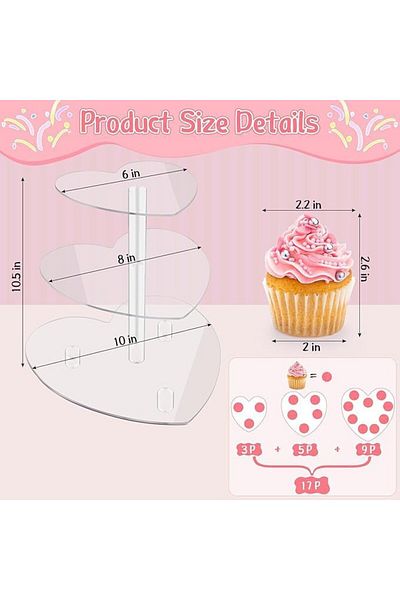 Slasa 3-Tier Acrylic Cupcake Stand, Heart-Shaped Dessert Display Holder, Clear Polished Finish, 27 c