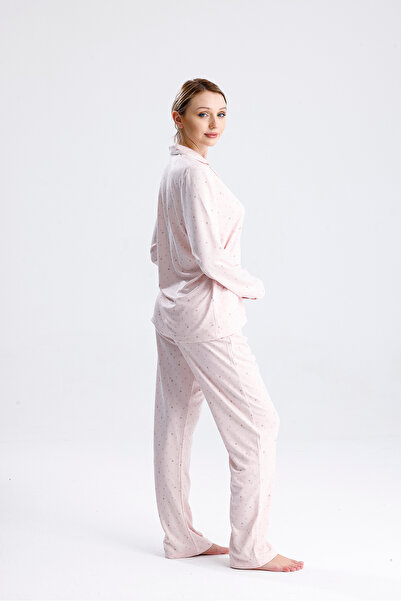 Espuar Kadın Kalp Desenli Önden Düğmeli Uzun Kollu Pijama Takımı