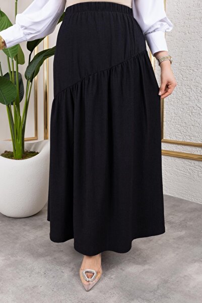 Moda Ebva Beli Lastikli Büzgülü Etek-5026 Siyah